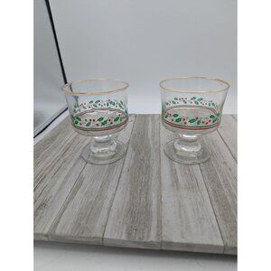 Vintage Gold Holiday Christmas Libbey Sherbet Tumblers Glass Holly Berry Set 2